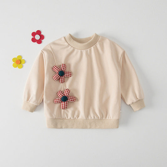 Autumn New Design Kids Girls Crew Neck Long Sleeves 3D Flowers Pattern Attached Top Pullover Shirt-1
