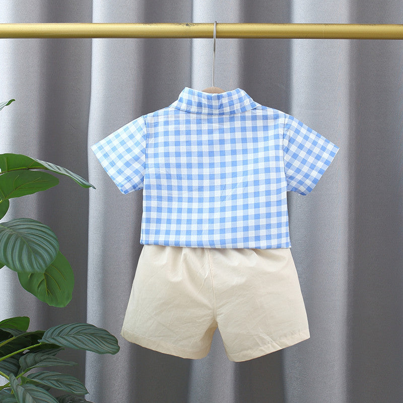 Summer Baby Kids Boys Blue Plaid Pattern Turn-Down Collar Short Sleeves Shirt And Solid Color Shorts English Clothing Set-2