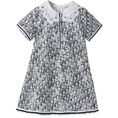New Design Summer Kids Girls Abstract Letters Print Fashion Short Sleeves Hollow Out Collar Dress-1
