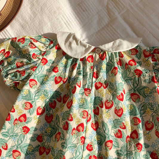 Summer Arrival Baby Kids Girls Cute Short Sleeves Strawberry Pattern Printed Dress-1