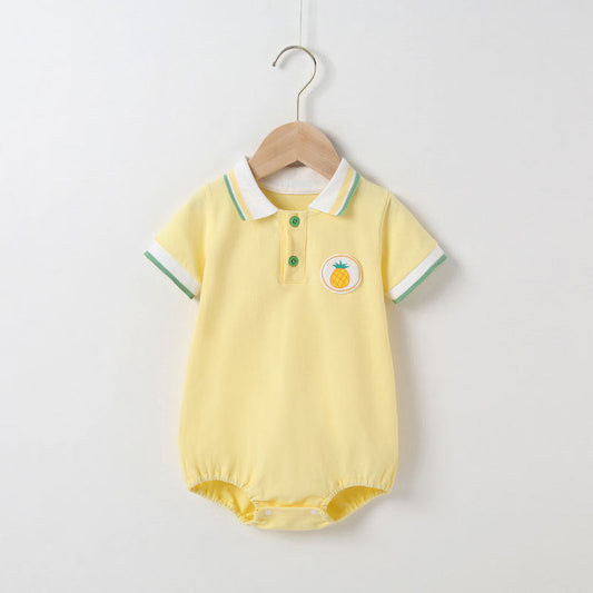 Baby Fruit Pattern Polo Collar Color Blocking Design Short-Sleeved Onesies-1