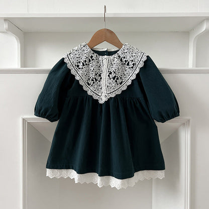 Arrival Autumn Baby Kids Girls Long Sleeves Vintage Hollow-out Lace Collar Dress-1