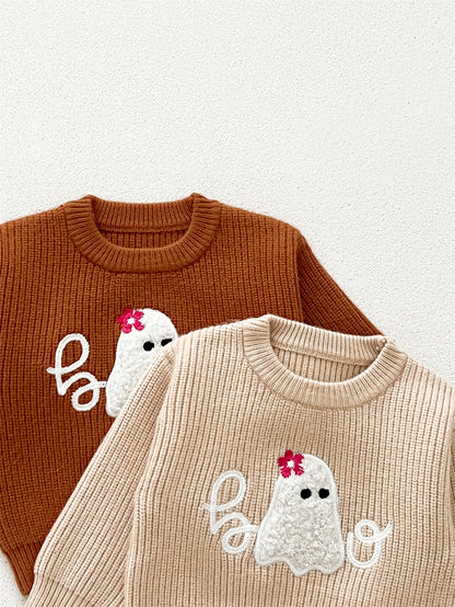 Autumn New Arrival Baby Kids Unisex Comfortable Halloween Ghost Pattern Knitted Long Sleeves Pullover-4