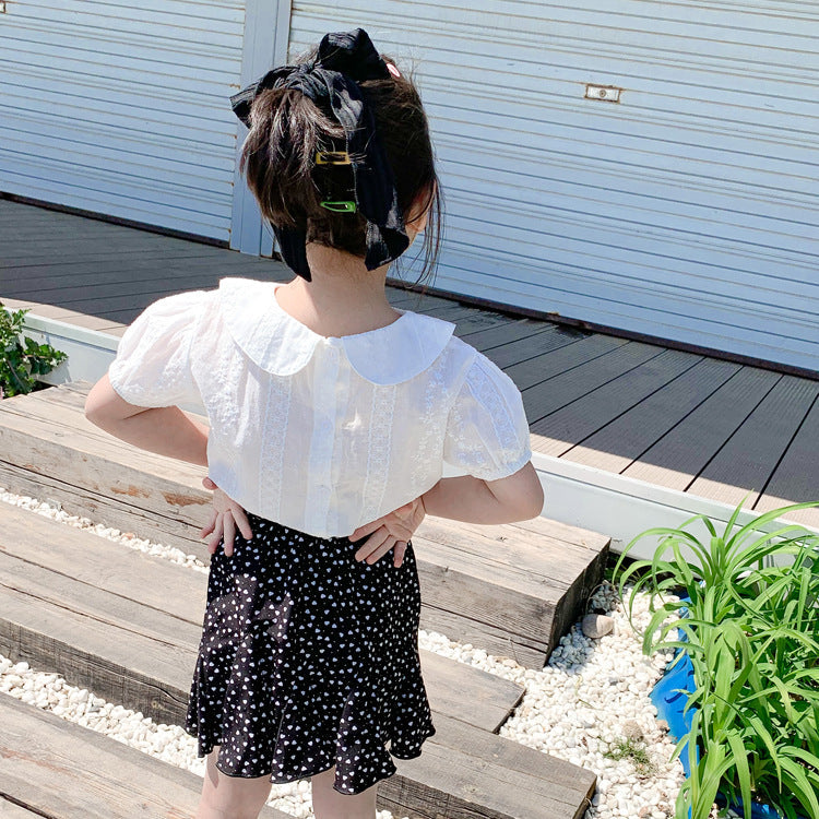 Summer New Arrival Girls Peter Pan Collar Short Sleeves Solid Color Floral Pattern Embroidery Top Shirt-2