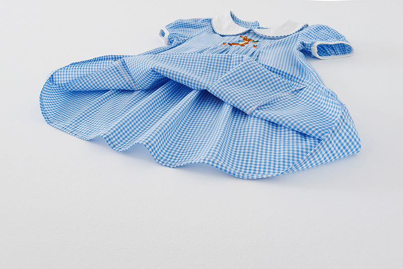 Summer Baby Kids Girls Short Sleeves Rabbit Embroidery Plaid Dress-2