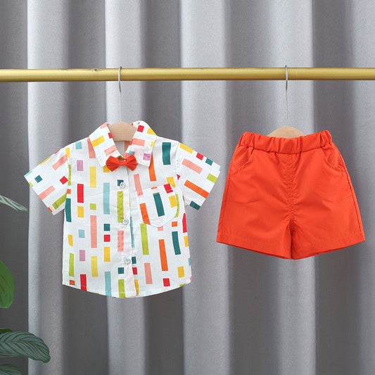 Summer Baby Kids Boys Colorful Striped Pattern Turn-Down Collar Short Sleeves Shirt And Orange Shorts English Clothing Set-0