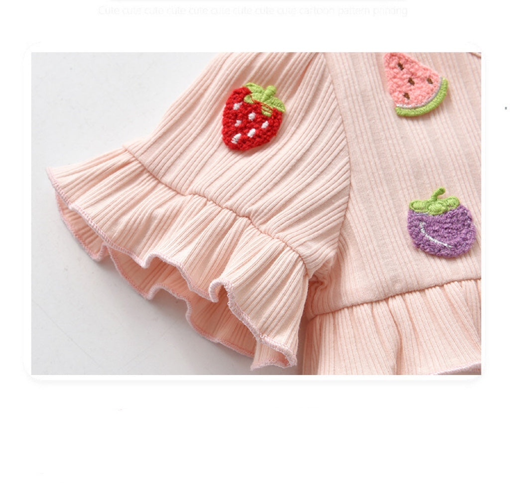 Baby Girls Fruit Embroidered Graphic Lace Sleeve Onesies & Headband-2