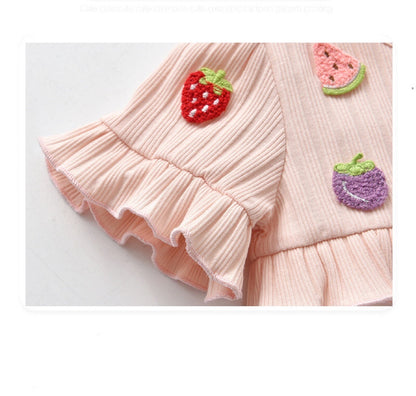 Baby Girls Fruit Embroidered Graphic Lace Sleeve Onesies & Headband-2