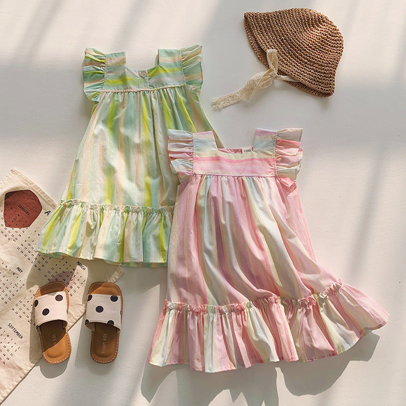 Summer Arrival Baby Kids Girls Fly Sleeves Striped Pattern Dress-0