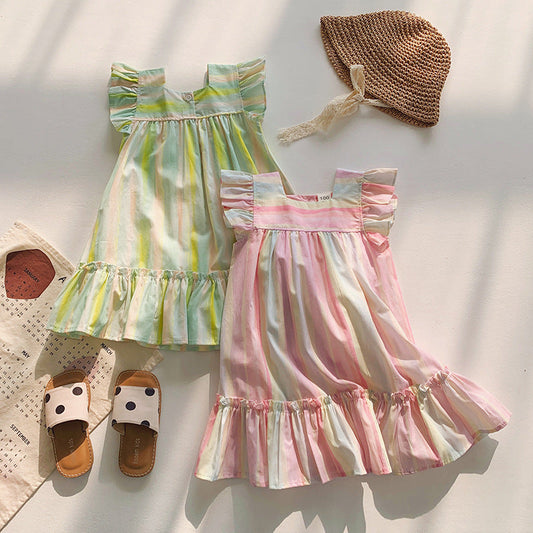 Summer Arrival Baby Kids Girls Fly Sleeves Striped Pattern Dress-0