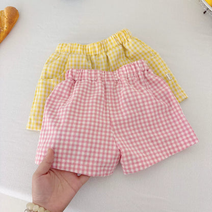 Summer Hot Selling Baby Kids Unisex Short Sleeves Cartoon Printed T-shirt and Plaid Shorts Clothing Set-3