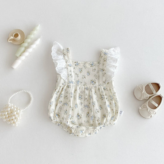 Summer Arrival Baby Girls Floral Pattern Fly Sleeves Onesies-1