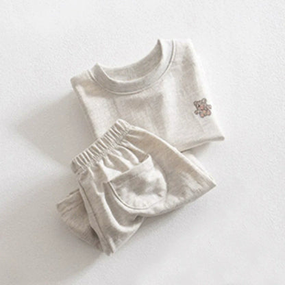 Summer Hot Selling Baby Kids Unisex Short Sleeves Teddy Logo Pattern T-Shirt and Plain Shorts Clothing Set-4