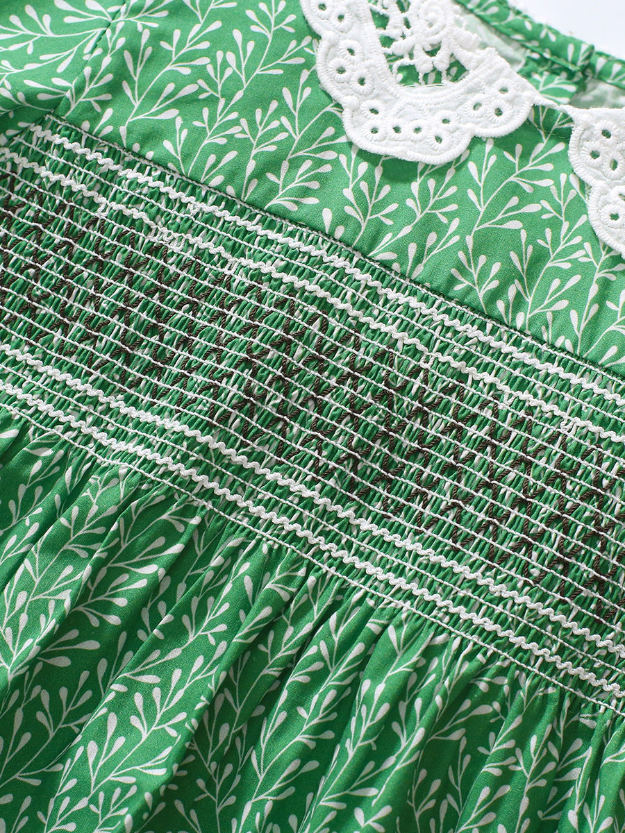 Summer Baby Kids Girls Short Sleeves Lace Collar Vine Print Dress-3