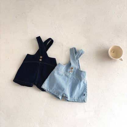 Summer Arrival Baby Kids Unisex Sleeveless Solid Color Denim Strap Overalls and White T-Shirt Clothing Set-3