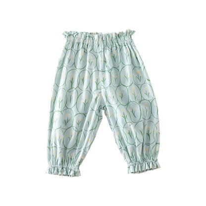 Summer Hot Selling Baby Kids Girls Floral Pattern Thin Breathable Pants – Home Kids Pajamas Trousers-1