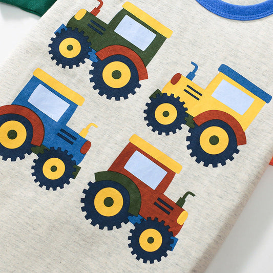 Summer Baby Kids Tractors Cartoon Pattern T-shirt and Green Shorts Clothing Set for Boys-1