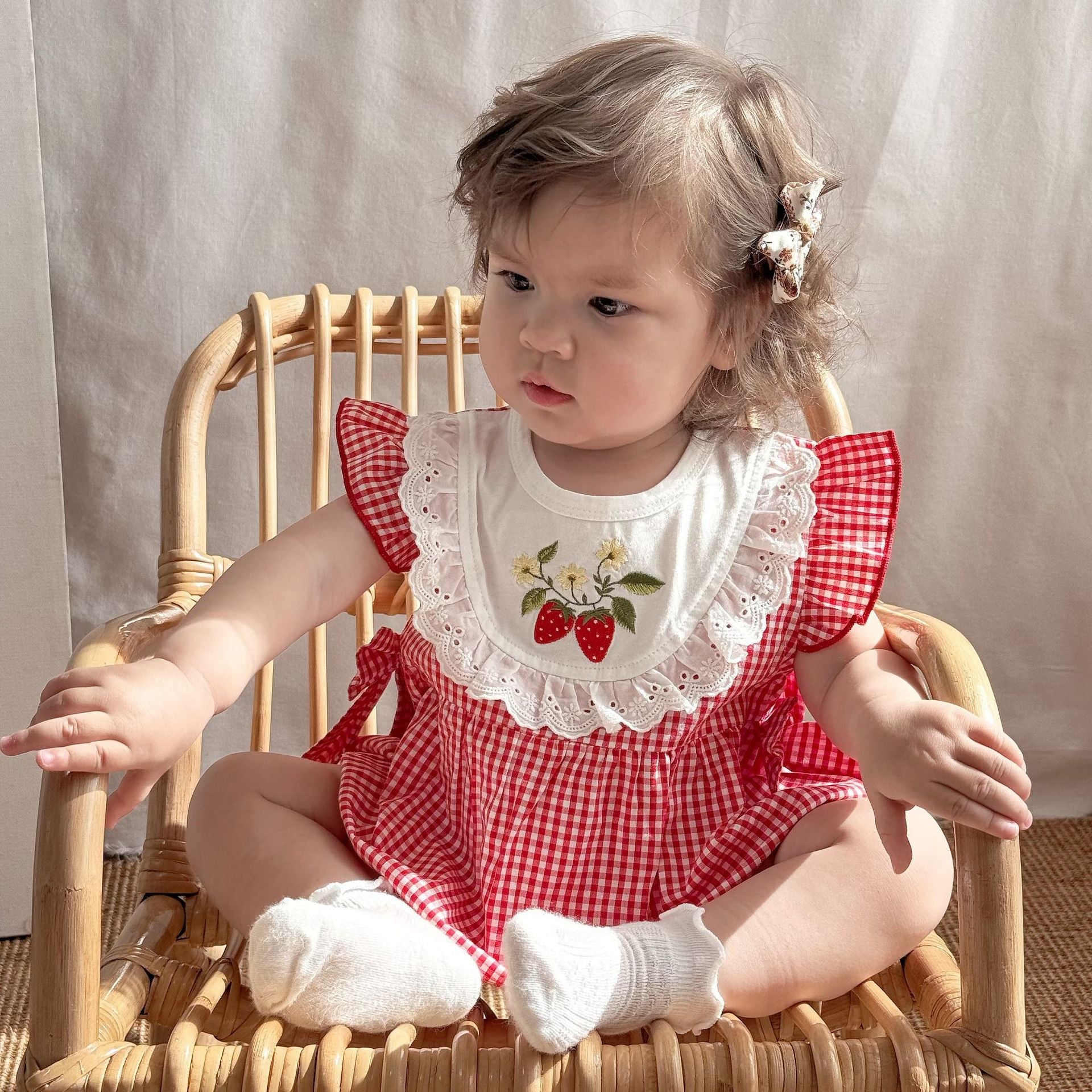Summer Arrival Baby Cute Plaid Sleeveless Strawberry Embroidered Onesies-0