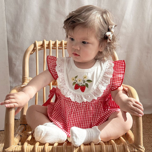 Summer Arrival Baby Cute Plaid Sleeveless Strawberry Embroidered Onesies-0