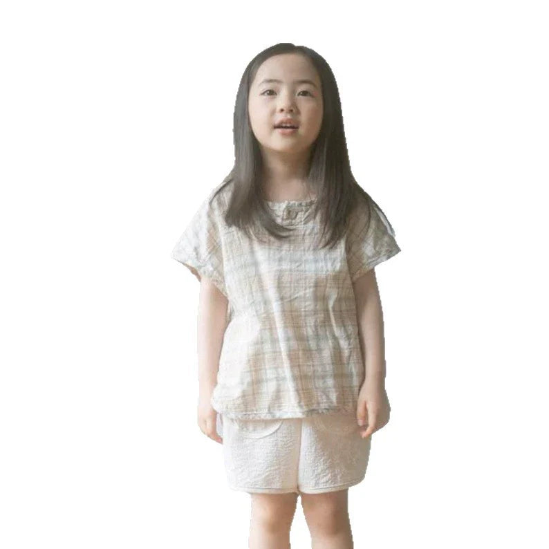 Summer High Quality Baby Kids Girls Short Sleeves Casual Plaid Pattern T-shirt-2