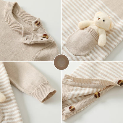 Baby Striped Knit Pattern Bear Patched Design Kintted Quality Romper-3