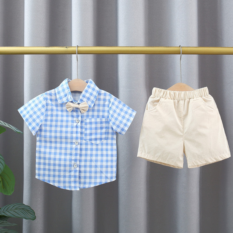 Summer Baby Kids Boys Blue Plaid Pattern Turn-Down Collar Short Sleeves Shirt And Solid Color Shorts English Clothing Set-3