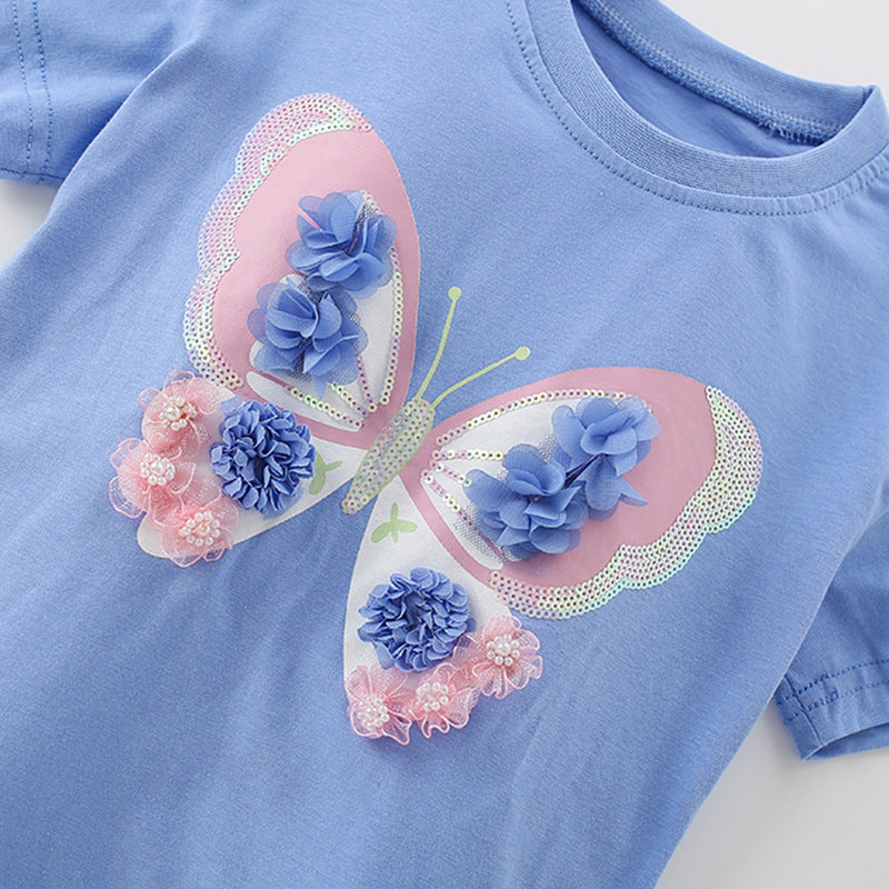 Summer Baby Kids Flowers and Butterfly Pattern T-shirt and Skirt Clothing Set for Girls-2