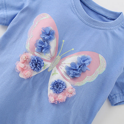 Summer Baby Kids Flowers and Butterfly Pattern T-shirt and Skirt Clothing Set for Girls-2