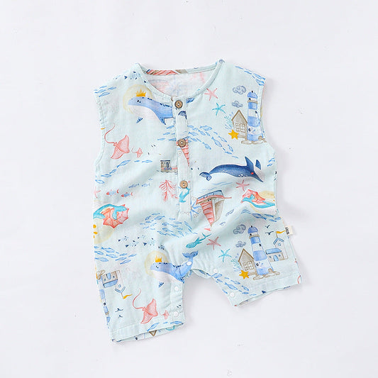 Summer Arrival Baby Unisex Sleeveless Cute Ocean Animals Pattern Onesies-1