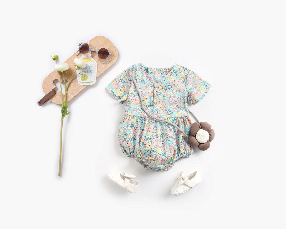 Baby Girls Floral Print V-Neck Buttoned Design Short-Sleeved Onesies-2