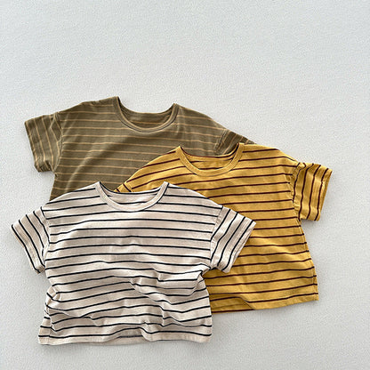 Summer New Arrival Kids Unisex Soft Comfortable Short Sleeves Striped Thin Top Casual T-Shirt-0