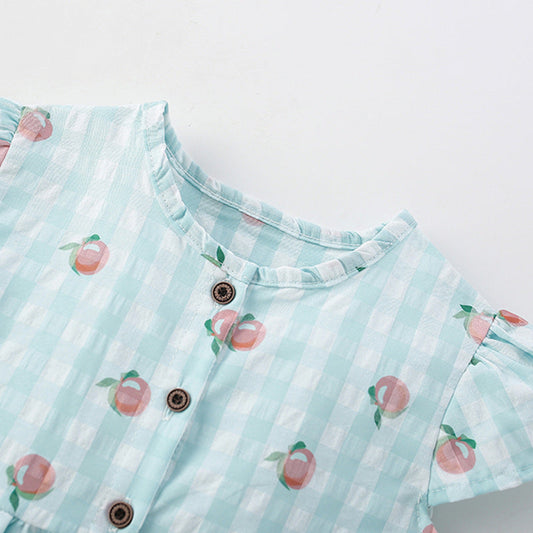 Summer Arrival Fruits Pattern Fly Sleeves Single Breasted Plaid Dress for Stylish Girls-1
