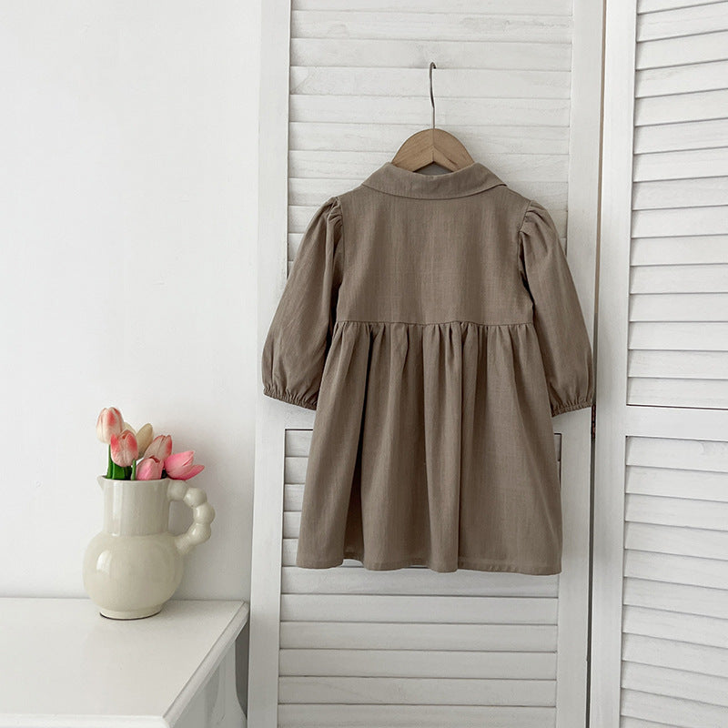 Arrival Autumn Baby Kids Girls Long Sleeves Solid Color Single Breasted Turn-down Collar Dress-2