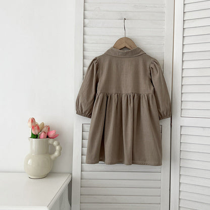 Arrival Autumn Baby Kids Girls Long Sleeves Solid Color Single Breasted Turn-down Collar Dress-2