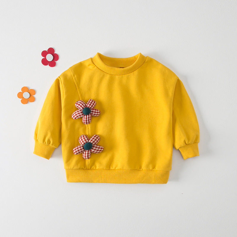 Autumn New Design Kids Girls Crew Neck Long Sleeves 3D Flowers Pattern Attached Top Pullover Shirt-2