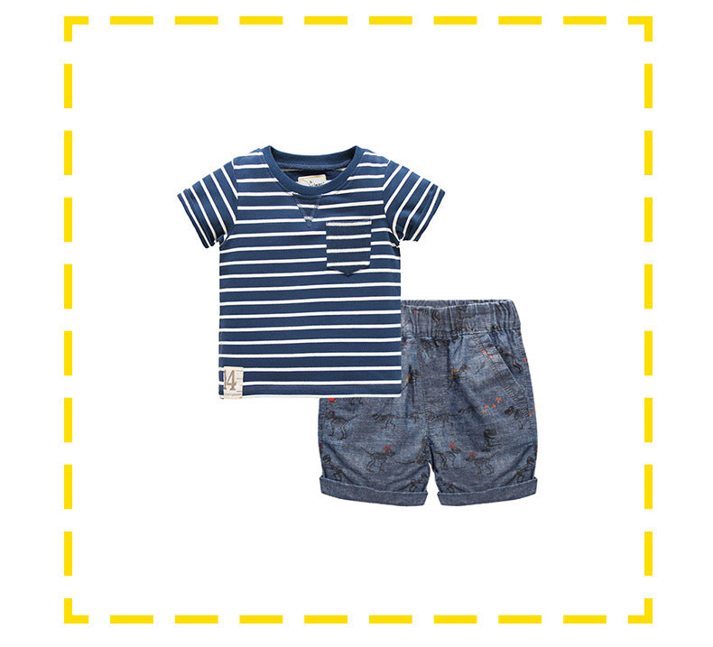 Summer Baby Kids Casual Striped Pattern T-shirt and Animals Pattern Shorts Clothing Set for Boys-2