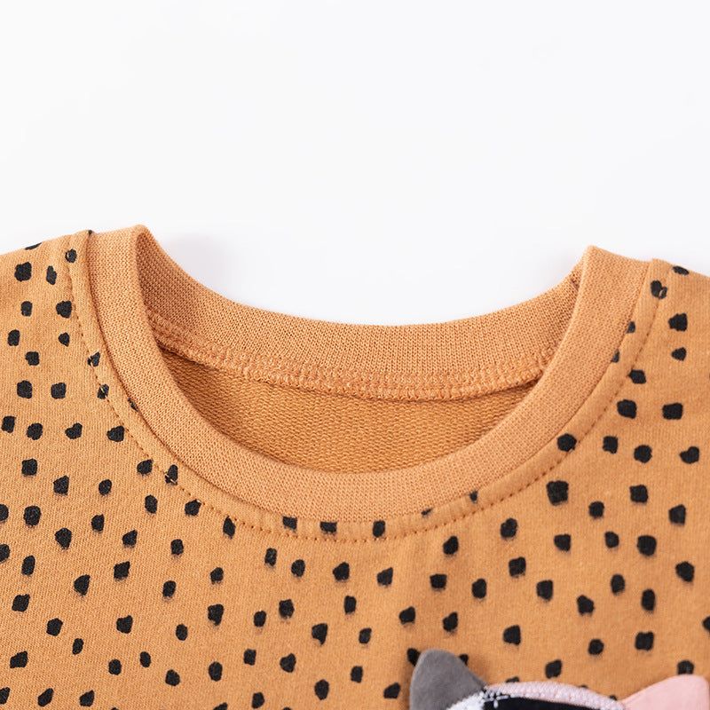 Spring and Autumn Girls Cat Cartoon and Dots Pattern Long Sleeves Sweatshirt and Black Pants Clothing Set-3
