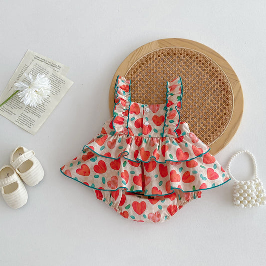 New Arrival Summer Baby Kids Girls Heart Pattern Sleeveless Big Bow Strap Onesies-1