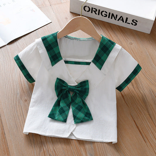 Summer New Design Baby Kids Girls Geometric Argyle Pattern Square Neck Short Sleeves Preppy Tops-1
