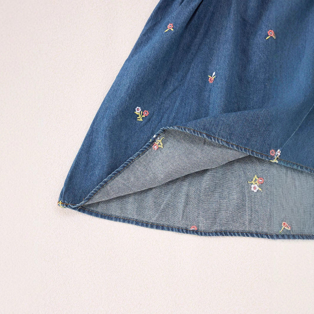 Summer Baby Kids Girls Denim Short Sleeves Flowers Pattern Embroidered Dress-3