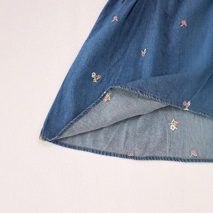 Summer Baby Kids Girls Denim Short Sleeves Flowers Pattern Embroidered Dress-3