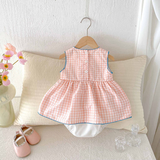 Summer Arrival Baby Girls Cute Pink Sleeveless Rabbits Pattern Plaid Onesies-1