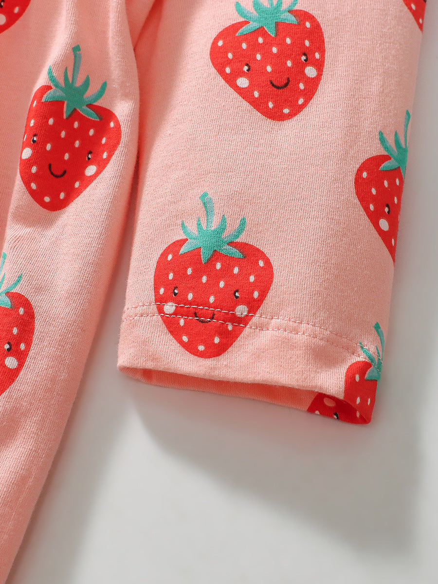 Arrival Autumn Girls Long Sleeves Cartoon Strawberry Fruits Pattern Crew Neck Dress-3