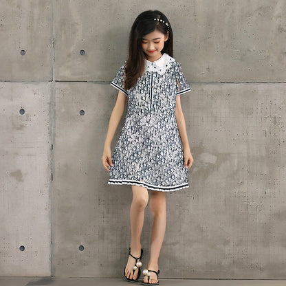 New Design Summer Kids Girls Abstract Letters Print Fashion Short Sleeves Hollow Out Collar Dress-2