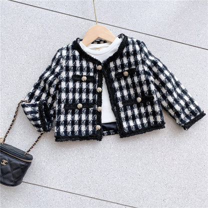 Girls Houndstooth Pattern Single Breasted Cardigan&Skirt Elegant Style Sets-2