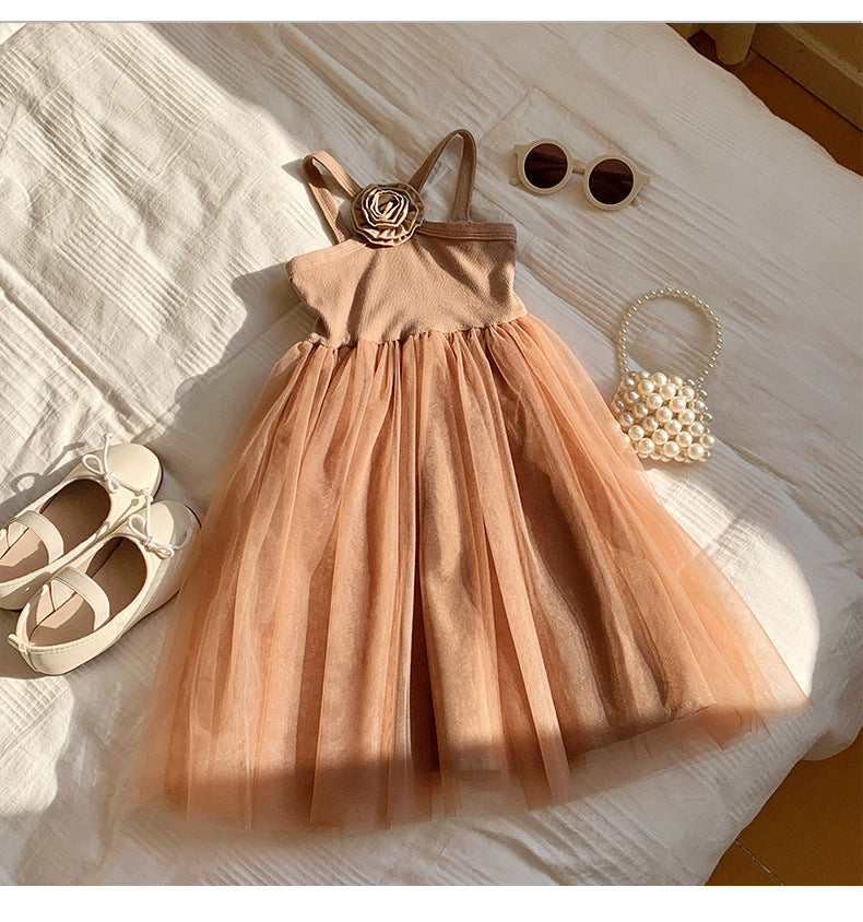 Summer Baby Kids Girls French Sleeveless Flowers Pattern Mesh Patchwork Design Strap Dress-3