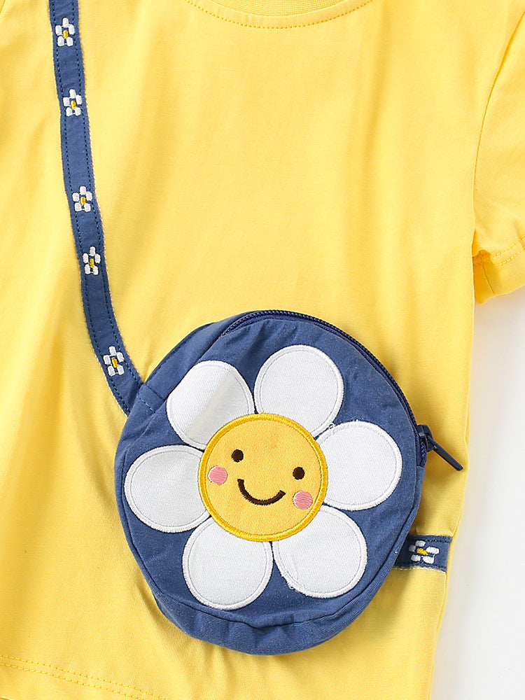 Girls’ Sunflower Cartoon Pattern Pocket Bag Short Sleeves T-Shirt In European And American Style For Summer-2