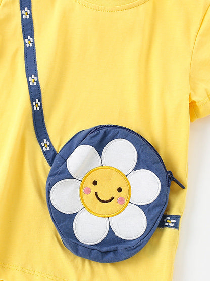 Girls’ Sunflower Cartoon Pattern Pocket Bag Short Sleeves T-Shirt In European And American Style For Summer-2