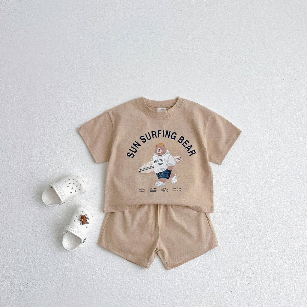 Summer Baby Kids Unisex Casual Letters and Teddy Bear Pattern Short Sleeves Top Shirt and Shorts Clothing Set-3