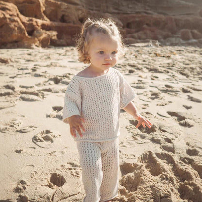 Summer Hot Selling Baby Kids Short Sleeves Plain Hollow-out Knitted Top and Pants Casual Clothing Set-3